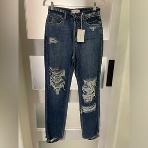 Cello Blue High Rise 90’s Boyfriend Jeans with Distressed Details NWT